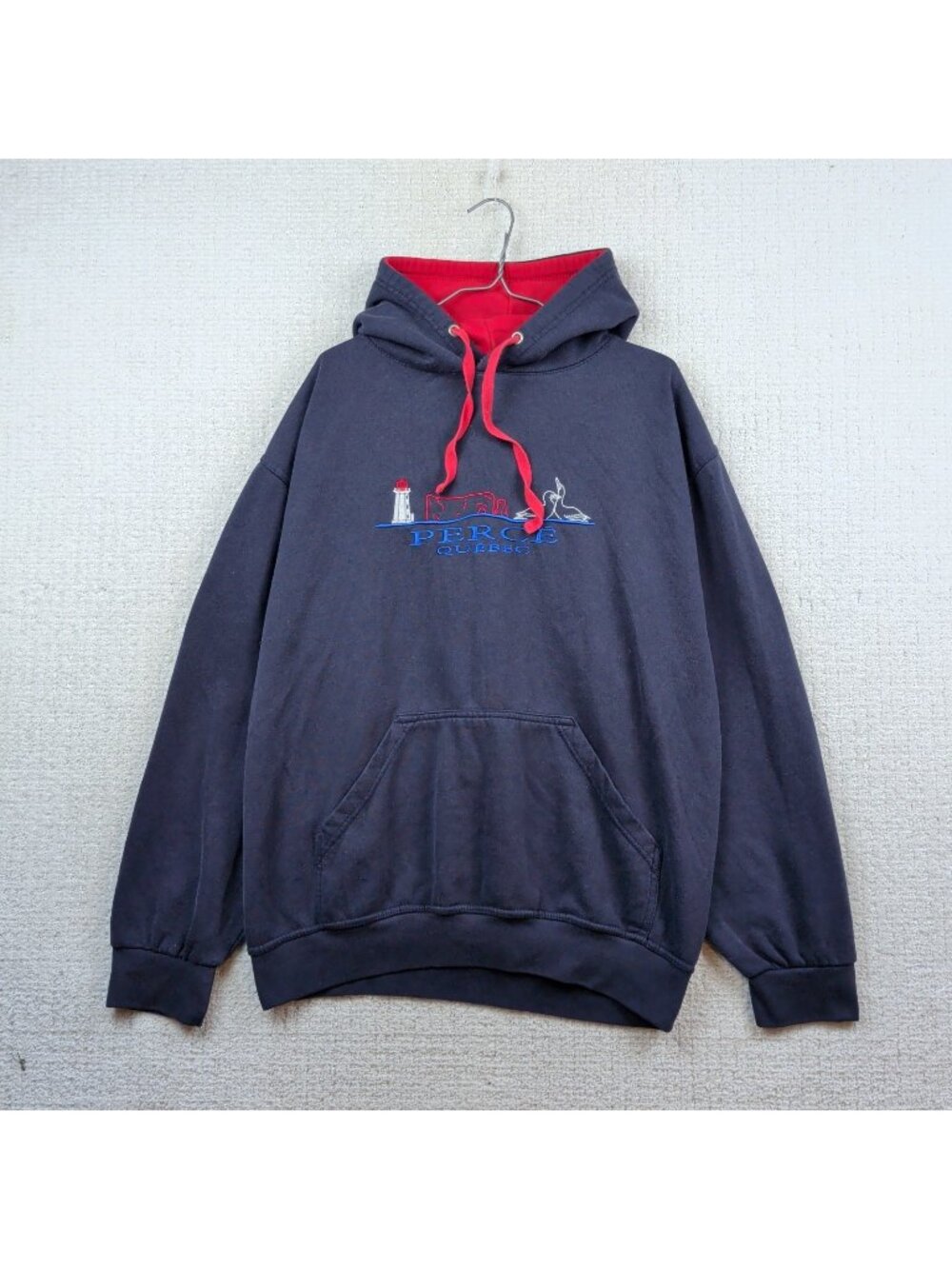 Vintage Percé Québec Coastal Sea Hoodie Dark Navy Blue Red Men XL Retro Canada